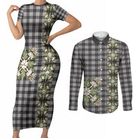 Pauli Hawai'i Palaka Squares Maile Leaf Couples Matching Short Sleeve Bodycon Dress and Long Sleeve Button Shirt Flowers Hawaiian Quilt Patterns LT9 Soft Black - Polynesian Pride