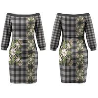 Pauli Hawai'i Palaka Squares Maile Leaf Family Matching Off The Shoulder Long Sleeve Dress and Hawaiian Shirt Flowers Hawaiian Quilt Patterns LT9 Mom's Dress Soft Black - Polynesian Pride
