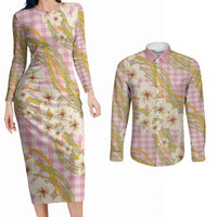 Akala Hamele Palaka Plumeria Couples Matching Long Sleeve Bodycon Dress and Long Sleeve Button Shirt Puakenikeni and Maile Lei LT9 Dusty Rose - Polynesian Pride