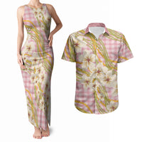 Akala Hamele Palaka Plumeria Couples Matching Tank Maxi Dress and Hawaiian Shirt Puakenikeni and Maile Lei LT9 Dusty Rose - Polynesian Pride