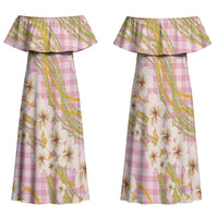 Akala Hamele Palaka Plumeria Family Matching Off Shoulder Maxi Dress and Hawaiian Shirt Puakenikeni and Maile Lei LT9 Mom's Dress Dusty Rose - Polynesian Pride