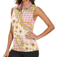 Akala Hamele Palaka Plumeria Women Sleeveless Polo Shirt Puakenikeni and Maile Lei LT9 - Polynesian Pride