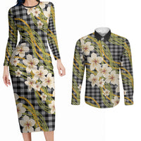 Ele'ele Hawai'i Palaka Plumeria Couples Matching Long Sleeve Bodycon Dress and Long Sleeve Button Shirt Puakenikeni and Maile Lei LT9 Black - Polynesian Pride