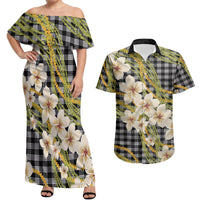 Ele'ele Hawai'i Palaka Plumeria Couples Matching Off Shoulder Maxi Dress and Hawaiian Shirt Puakenikeni and Maile Lei LT9 Black - Polynesian Pride