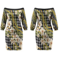 Ele'ele Hawai'i Palaka Plumeria Couples Matching Off The Shoulder Long Sleeve Dress and Hawaiian Shirt Puakenikeni and Maile Lei LT9 - Polynesian Pride