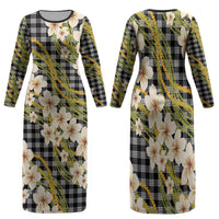 Ele'ele Hawai'i Palaka Plumeria Family Matching Long Sleeve Bodycon Dress and Hawaiian Shirt Puakenikeni and Maile Lei LT9 Mom's Dress Black - Polynesian Pride