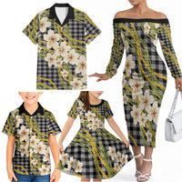 Ele'ele Hawai'i Palaka Plumeria Family Matching Off The Shoulder Long Sleeve Dress and Hawaiian Shirt Puakenikeni and Maile Lei LT9 - Polynesian Pride