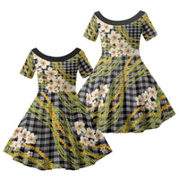 Ele'ele Hawai'i Palaka Plumeria Family Matching Off The Shoulder Long Sleeve Dress and Hawaiian Shirt Puakenikeni and Maile Lei LT9 Daughter's Dress Black - Polynesian Pride