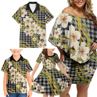 Ele'ele Hawai'i Palaka Plumeria Family Matching Off Shoulder Short Dress and Hawaiian Shirt Puakenikeni and Maile Lei LT9 - Polynesian Pride