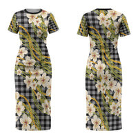 Ele'ele Hawai'i Palaka Plumeria Family Matching Short Sleeve Bodycon Dress and Hawaiian Shirt Puakenikeni and Maile Lei LT9 Mom's Dress Black - Polynesian Pride