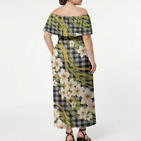 Ele'ele Hawai'i Palaka Plumeria Off Shoulder Maxi Dress Puakenikeni and Maile Lei LT9 - Polynesian Pride