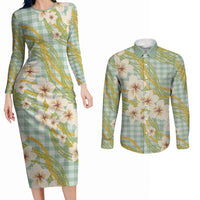 Liko Kukui Hawai'i Palaka Plumeria Couples Matching Long Sleeve Bodycon Dress and Long Sleeve Button Shirt Puakenikeni and Maile Lei LT9 Sage Green - Polynesian Pride