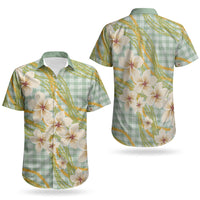 Liko Kukui Hawai'i Palaka Plumeria Couples Matching Off Shoulder Maxi Dress and Hawaiian Shirt Puakenikeni and Maile Lei LT9 - Polynesian Pride