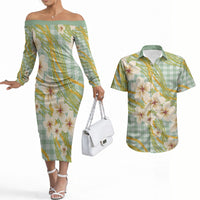 Liko Kukui Hawai'i Palaka Plumeria Couples Matching Off The Shoulder Long Sleeve Dress and Hawaiian Shirt Puakenikeni and Maile Lei LT9 Sage Green - Polynesian Pride