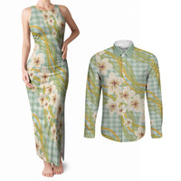 Liko Kukui Hawai'i Palaka Plumeria Couples Matching Tank Maxi Dress and Long Sleeve Button Shirt Puakenikeni and Maile Lei LT9 Sage Green - Polynesian Pride