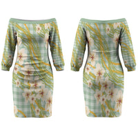 Liko Kukui Hawai'i Palaka Plumeria Family Matching Off The Shoulder Long Sleeve Dress and Hawaiian Shirt Puakenikeni and Maile Lei LT9 Mom's Dress Sage Green - Polynesian Pride
