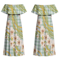 Liko Kukui Hawai'i Palaka Plumeria Family Matching Off Shoulder Maxi Dress and Hawaiian Shirt Puakenikeni and Maile Lei LT9 Mom's Dress Sage Green - Polynesian Pride