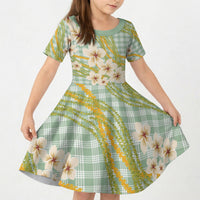Liko Kukui Hawai'i Palaka Plumeria Kid Short Sleeve Dress Puakenikeni and Maile Lei LT9 KID Sage Green - Polynesian Pride