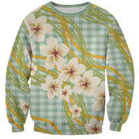 Liko Kukui Hawai'i Palaka Plumeria Sweatshirt Puakenikeni and Maile Lei LT9 Unisex Sage Green - Polynesian Pride