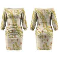 Melemele Ahiahia Hawai'i Palaka Plumeria Couples Matching Off The Shoulder Long Sleeve Dress and Hawaiian Shirt Puakenikeni and Maile Lei LT9 - Polynesian Pride