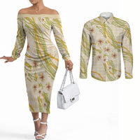 Melemele Ahiahia Hawai'i Palaka Plumeria Couples Matching Off The Shoulder Long Sleeve Dress and Long Sleeve Button Shirt Puakenikeni and Maile Lei LT9 Pastel Yellow - Polynesian Pride