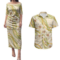 Melemele Ahiahia Hawai'i Palaka Plumeria Couples Matching Puletasi and Hawaiian Shirt Puakenikeni and Maile Lei LT9 Pastel Yellow - Polynesian Pride