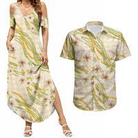 Melemele Ahiahia Hawai'i Palaka Plumeria Couples Matching Summer Maxi Dress and Hawaiian Shirt Puakenikeni and Maile Lei LT9 Pastel Yellow - Polynesian Pride