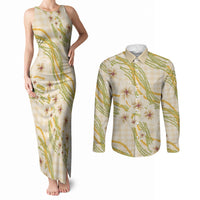 Melemele Ahiahia Hawai'i Palaka Plumeria Couples Matching Tank Maxi Dress and Long Sleeve Button Shirt Puakenikeni and Maile Lei LT9 Pastel Yellow - Polynesian Pride