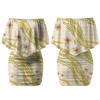 Melemele Ahiahia Hawai'i Palaka Plumeria Family Matching Off Shoulder Short Dress and Hawaiian Shirt Puakenikeni and Maile Lei LT9 Mom's Dress Pastel Yellow - Polynesian Pride