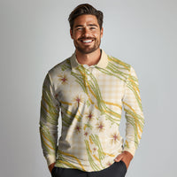 Melemele Ahiahia Hawai'i Palaka Plumeria Long Sleeve Polo Shirt Puakenikeni and Maile Lei LT9 - Polynesian Pride