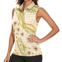 Melemele Ahiahia Hawai'i Palaka Plumeria Women Sleeveless Polo Shirt Puakenikeni and Maile Lei LT9 - Polynesian Pride