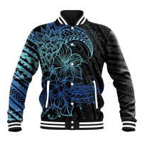 Floral Polynesian Hibiscus Tattoo Baseball Jacket Blue Gradient Style