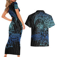 Floral Polynesian Hibiscus Tattoo Couples Matching Short Sleeve Bodycon Dress and Hawaiian Shirt Blue Gradient Style