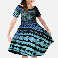 Floral Polynesian Hibiscus Tattoo Family Matching Tank Maxi Dress and Hawaiian Shirt Blue Gradient Style