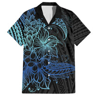 Floral Polynesian Hibiscus Tattoo Family Matching Tank Maxi Dress and Hawaiian Shirt Blue Gradient Style