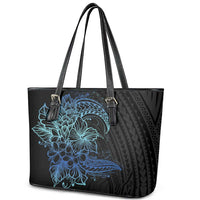 Floral Polynesian Hibiscus Tattoo Leather Tote Bag Blue Gradient Style