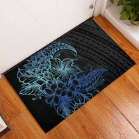 Floral Polynesian Hibiscus Tattoo Rubber Doormat Blue Gradient Style