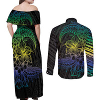 Floral Polynesian Hibiscus Tattoo Couples Matching Off Shoulder Maxi Dress and Long Sleeve Button Shirt Green Gradient Style