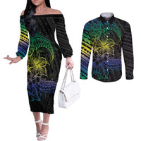 Floral Polynesian Hibiscus Tattoo Couples Matching Off The Shoulder Long Sleeve Dress and Long Sleeve Button Shirt Green Gradient Style