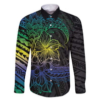 Floral Polynesian Hibiscus Tattoo Family Matching Long Sleeve Bodycon Dress and Hawaiian Shirt Green Gradient Style
