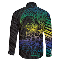 Floral Polynesian Hibiscus Tattoo Family Matching Off Shoulder Short Dress and Hawaiian Shirt Green Gradient Style