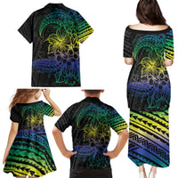 Floral Polynesian Hibiscus Tattoo Family Matching Puletasi and Hawaiian Shirt Green Gradient Style