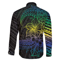 Floral Polynesian Hibiscus Tattoo Family Matching Short Sleeve Bodycon Dress and Hawaiian Shirt Green Gradient Style