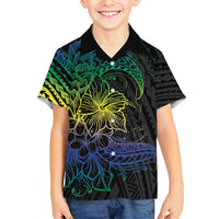 Floral Polynesian Hibiscus Tattoo Family Matching Short Sleeve Bodycon Dress and Hawaiian Shirt Green Gradient Style