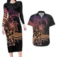 Floral Polynesian Hibiscus Tattoo Couples Matching Long Sleeve Bodycon Dress and Hawaiian Shirt Peach Gradient Style
