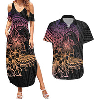 Floral Polynesian Hibiscus Tattoo Couples Matching Summer Maxi Dress and Hawaiian Shirt Peach Gradient Style LT9 Peach - Polynesian Pride