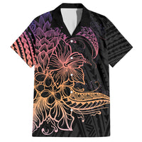 Floral Polynesian Hibiscus Tattoo Family Matching Short Sleeve Bodycon Dress and Hawaiian Shirt Peach Gradient Style