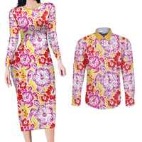 Palaka with Honu and Hibiscus Couples Matching Long Sleeve Bodycon Dress and Long Sleeve Button Shirt Hawaiian Heritage Spirit - Polynesian Pride