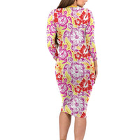 Palaka with Honu and Hibiscus Long Sleeve Bodycon Dress Hawaiian Heritage Spirit - Polynesian Pride