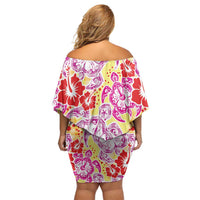 Palaka with Honu and Hibiscus Off Shoulder Short Dress Hawaiian Heritage Spirit - Polynesian Pride